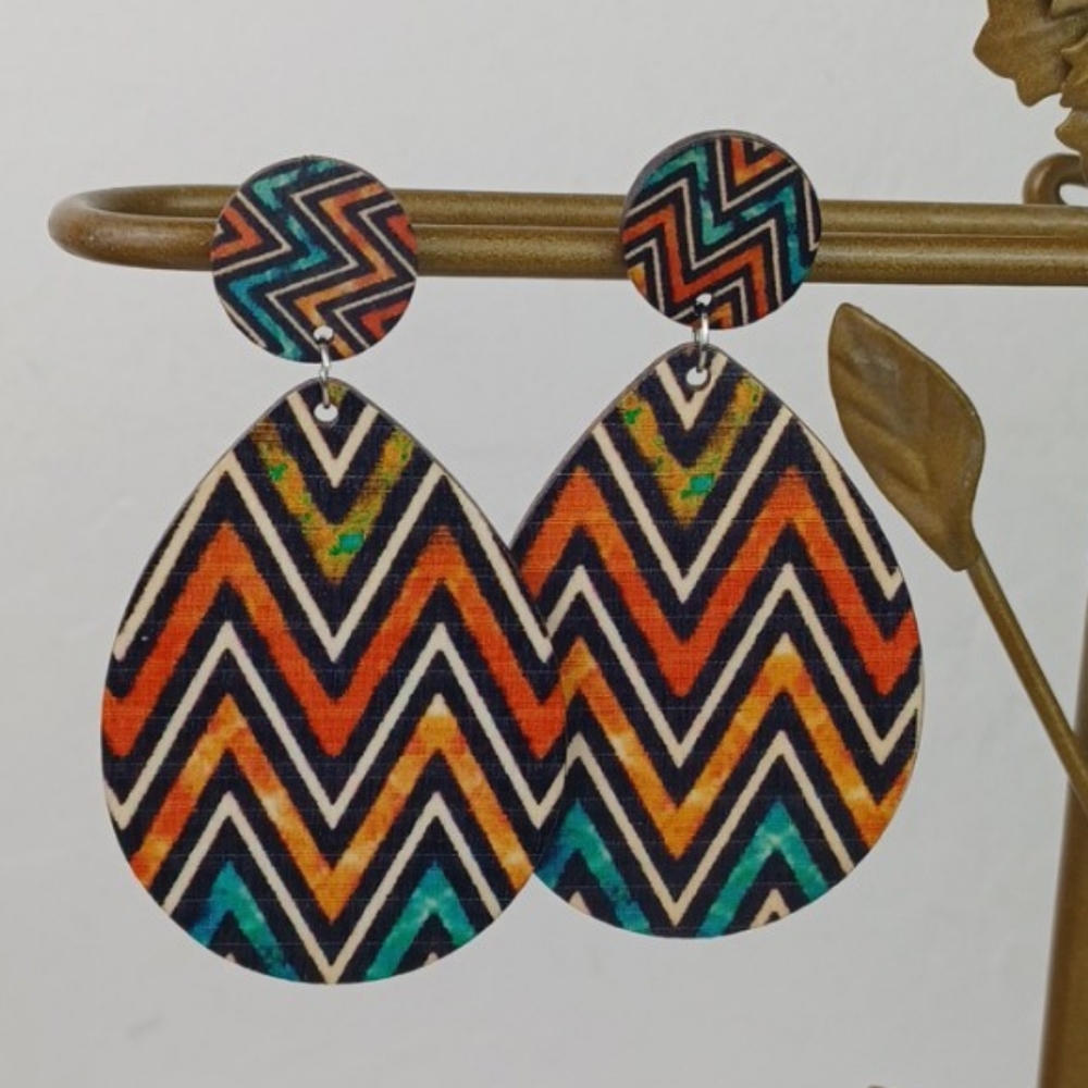 Colorful Tribal Chevron Wooden  Design Dangling Earrings
